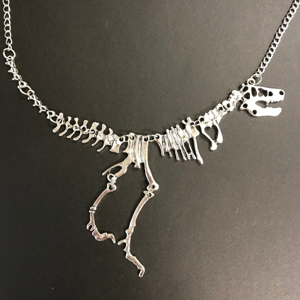 Silver Tone Dinosaur Skeleton Necklace